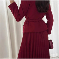 Elegant Women's Two Pieces Set Single-breasted Lapel Large Size Coat Belt Pleated Midi Skirt Suit 2025 Lady New In Matching Sets