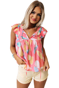 Pink Splotches Pattern Ruffled Cap Sleeve Shift Top