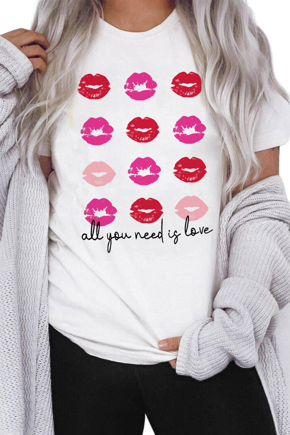 White all you need is love Valentines Kisses Graphic Tee