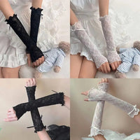 Lace Ruffle Lolita Lace Gloves Bowknot Strapping Black White Y2k Fingerless Mittens Mesh Japanese Mittens Cosplay Accessories