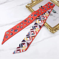 2024 Spring Border New Geometric Diamond Small Flowers Women's Decorative Small Silk Scarf Bundle Bag Handle Ribbon Small Scarf