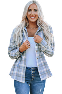 Sky Blue Plaid Print Pocket Drawstring Hooded Jacket