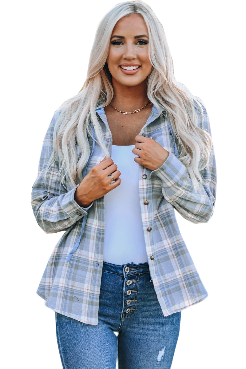 Sky Blue Plaid Print Pocket Drawstring Hooded Jacket