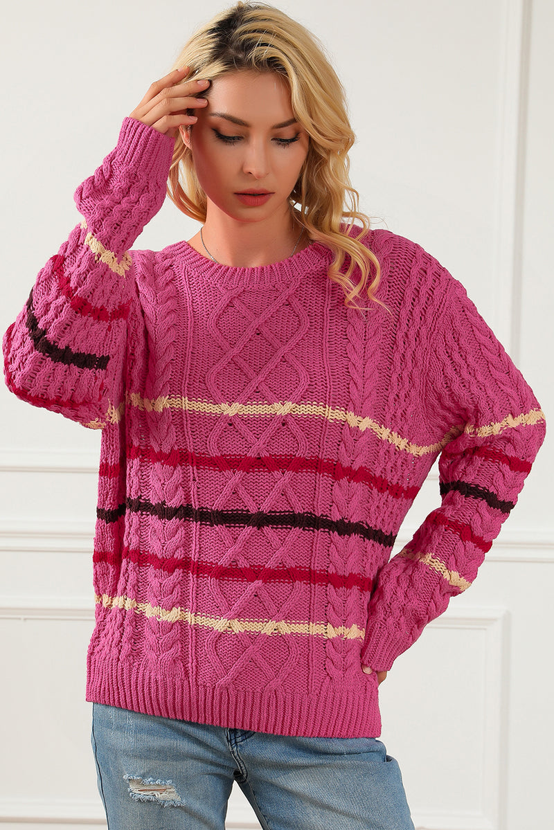 Rose Striped Color Block Textured Knit Pullover Sweater