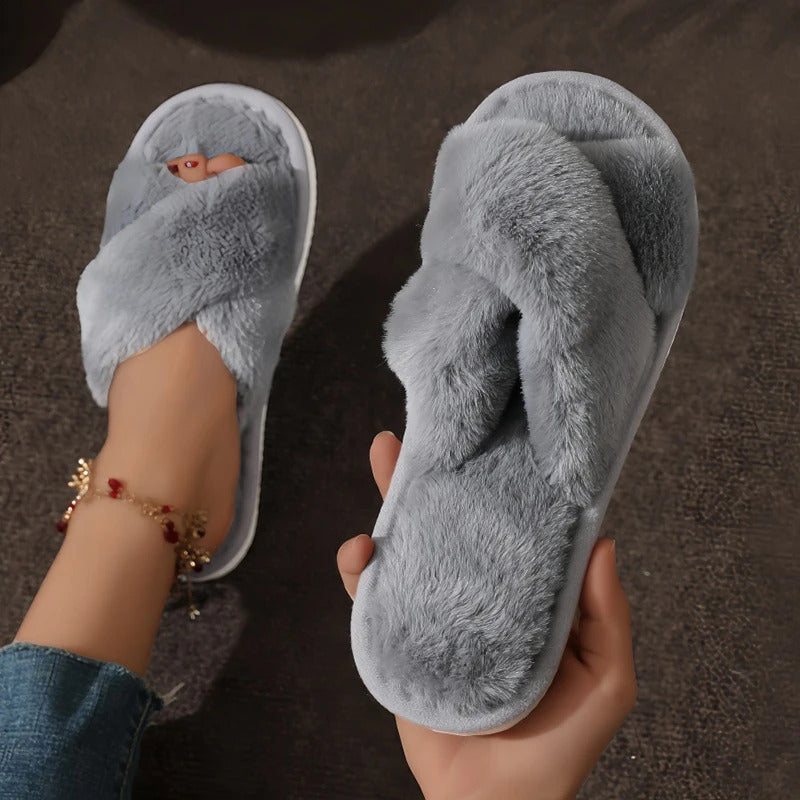 CrissCross Band Plush House Slippers for Women Open Toe Soft Sole Fuzzy Home Shoes Woman Winter Cozy Warm Indoor Floor Slippers