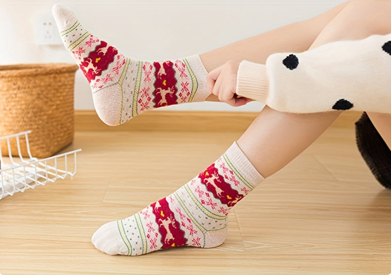 5 Pairs Elk Print Thickened Socks, Comfy & Warm Christmas Mid Tube Socks, Women's Stockings & Hosiery