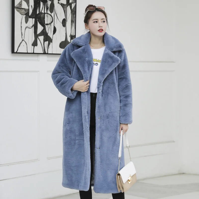 Winter Women High Quality Faux Rabbit Fur Coat Luxury Long Fur Coat Loose Lapel OverCoat Thick Warm Plus Size Female Plush Coats