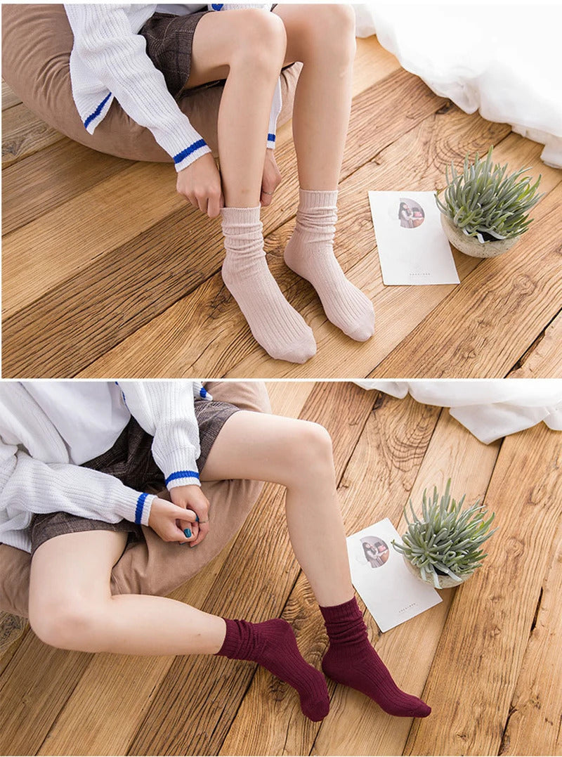 1 Pair Retro Women Cotton Loose Socks Autumn Winter Knitting Solid Color Long Black Pink Korean Japanese Student Girls Stockings