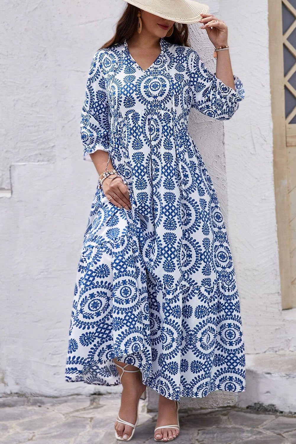 Sky Blue Geometric Print Lace-up Notch Neck Plus Size Maxi Dress