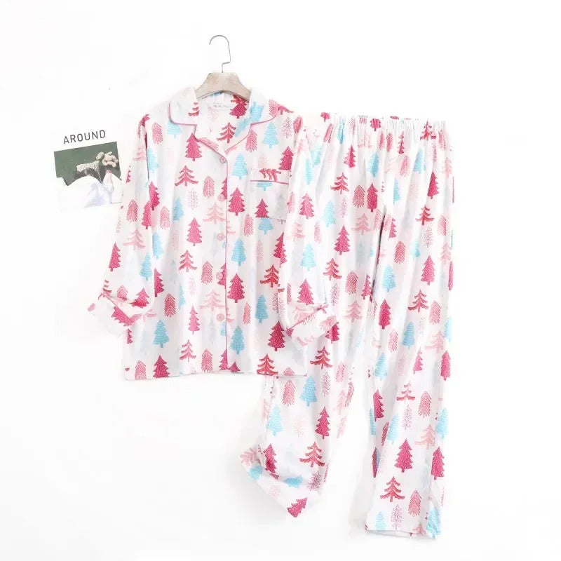 Cotton Flannel Women's Long Pants Pajamas Sets for Sleepwear Plaid Design Loose Autumn and Winter Long Sleeve Trouser Suits