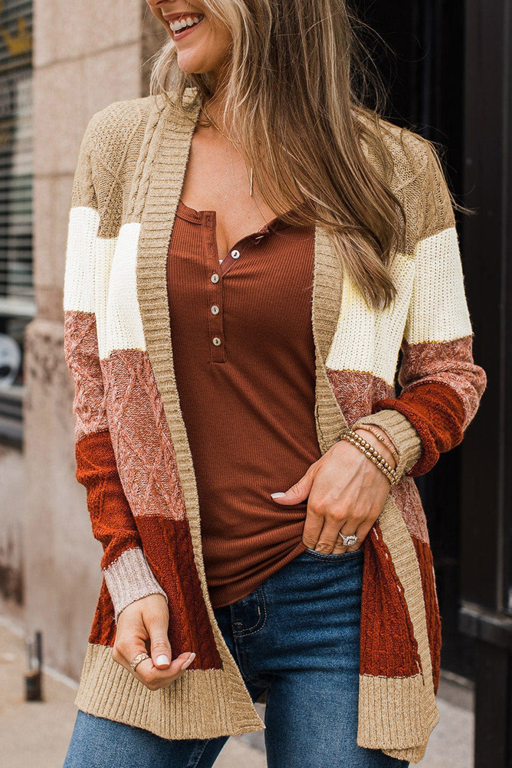 Khaki Color Block Long Sleeve Open Front Cardigan Sweater