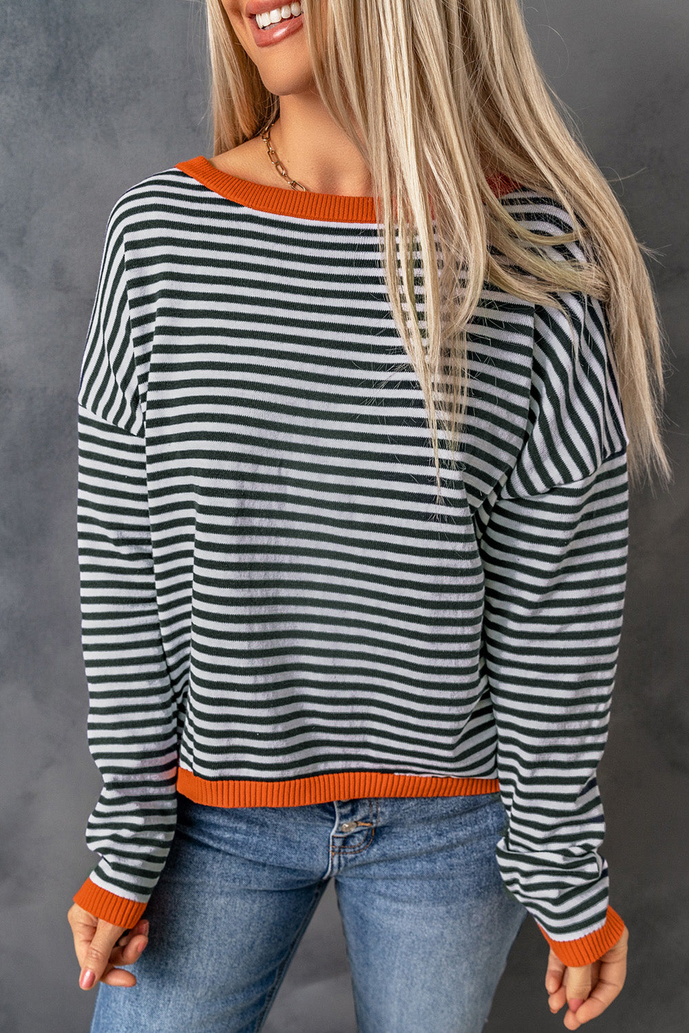 Gray Contrast Trimmed Striped Drop Shoulder Sweater