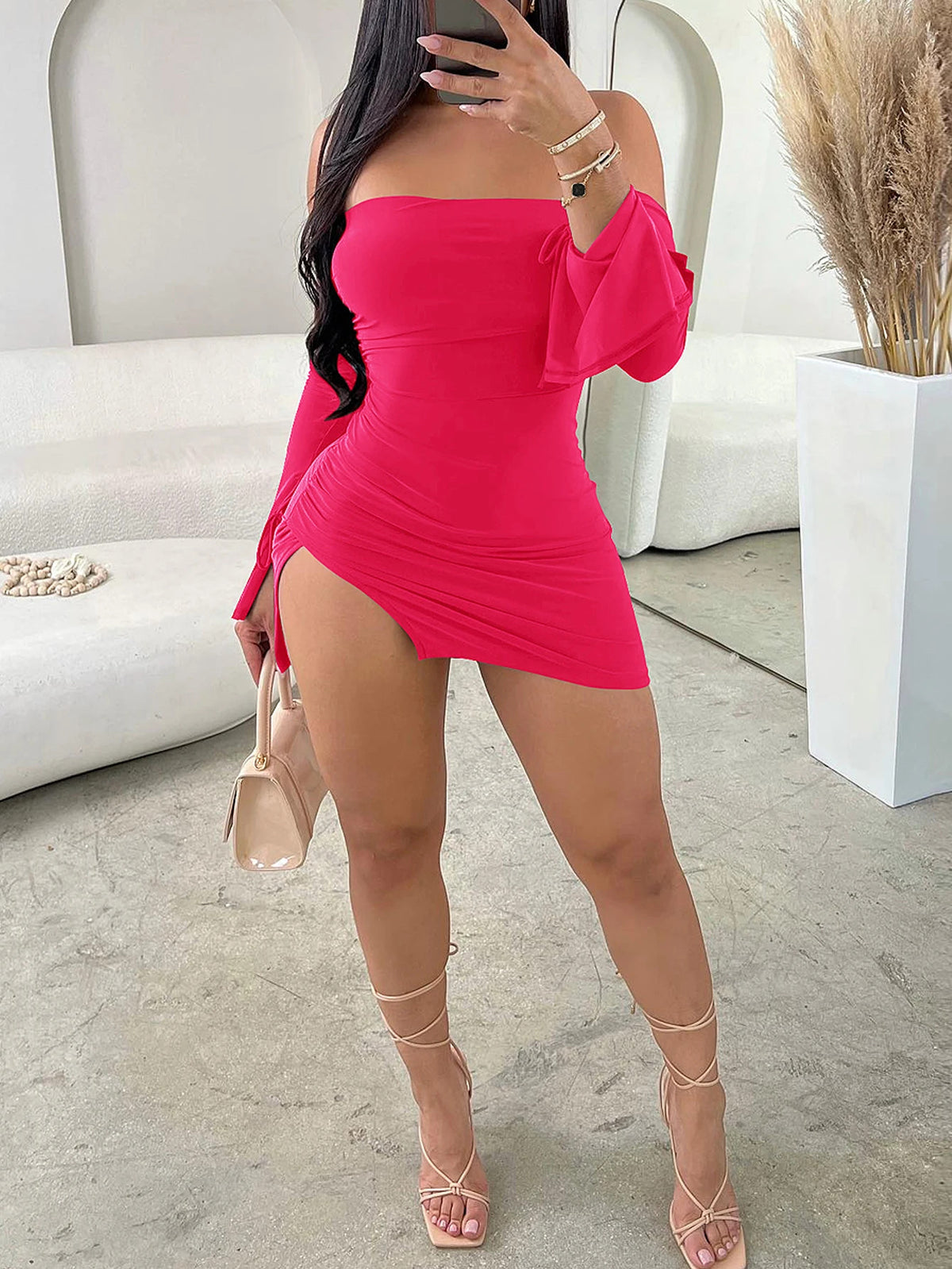 Women Strapless Backless  Mini Dress For Women Black Off-shoulder Long Sleeve Bodycon Club Party Dress Clothes