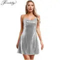 Womens Glossy Bodycon Dress Wet Look Patent Leather Zipper Closure V Neck Backless Skinny Mini Dress for Rave Party Clubbing