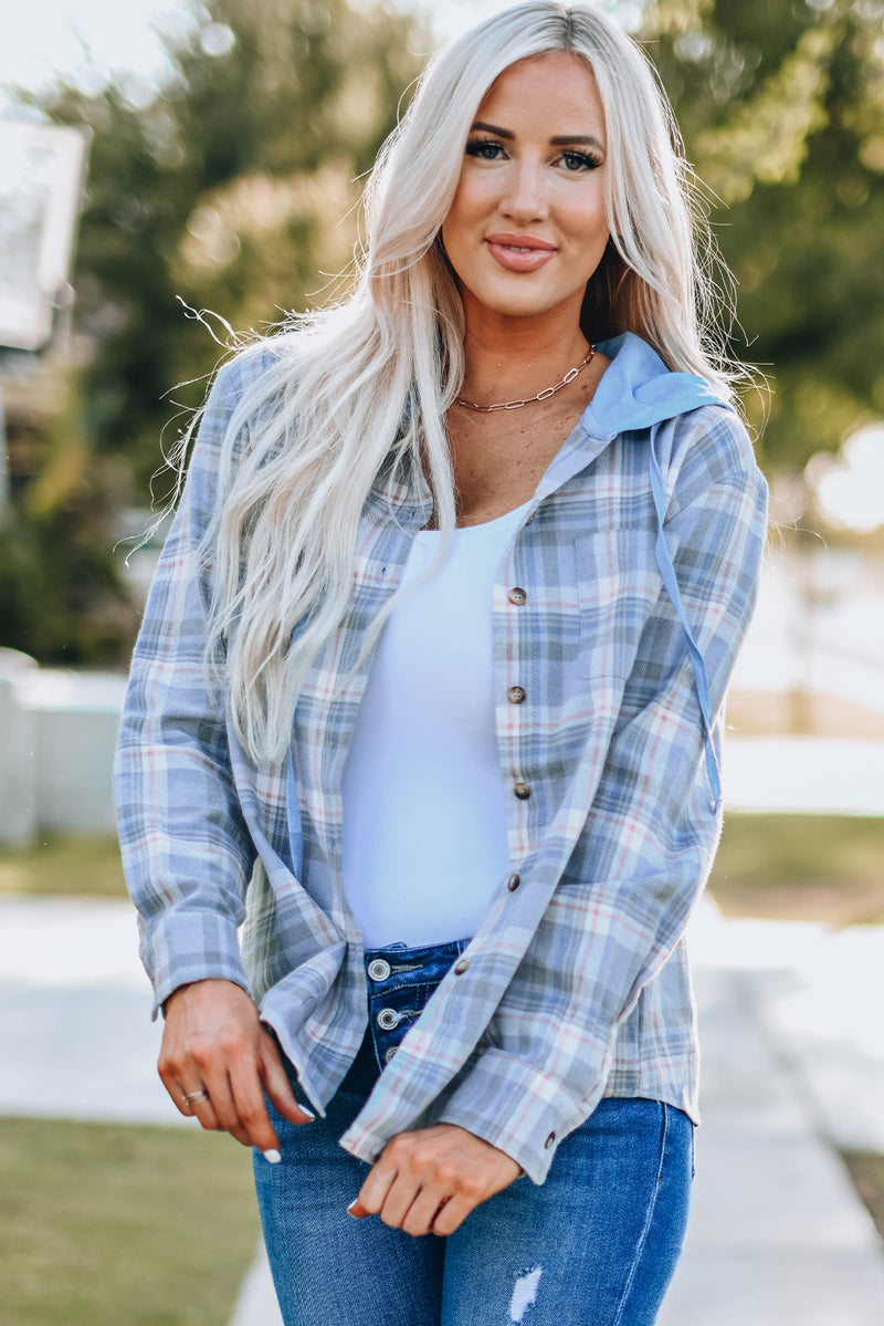 Sky Blue Plaid Print Pocket Drawstring Hooded Jacket