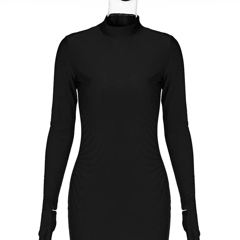 Solid Long Sleeve With Gloves Mini Dress Bodycon Sexy Streetwear Party Half Turtleneck Outfits Y2K Clothes Wholesale