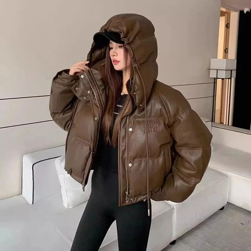 Women's Leather Down Cotton Jacket 2025 Versatile Hooded Lady Winter Parka Coat Fashion Student Ladies Cotton Padded Outerwear