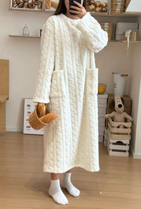 Winter Long Sleeve Double Pocket Flannel Nightgowns Women Loose Solid Sleepwear Jacquard Night Dress Thickened Warm Nightdress