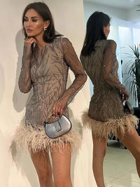 2024 New Feather Sequins Partywear Mini Dresses Women Elegant Mesh Sheer Sequined Long Sleeve Dress Lady Club Evening Vestidos