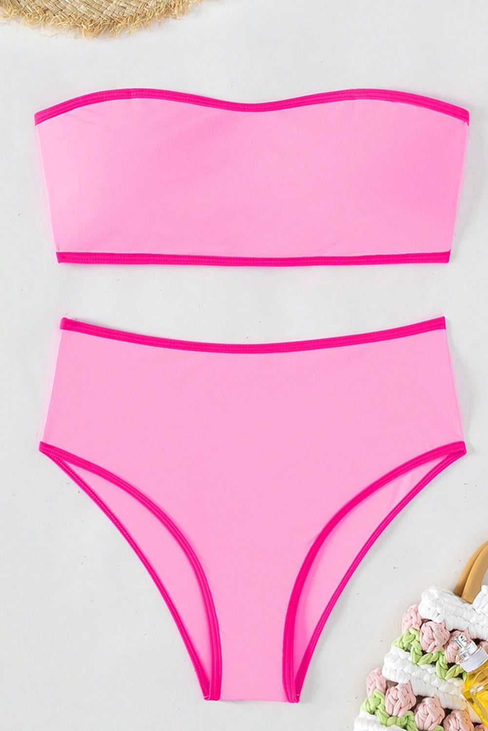 Bonbon Contrast Trim Bandeau High Waist Bikini Swimsuit