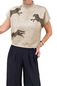 Black Lively Cheetah Pattern High Neck Short Sleeve Sweater