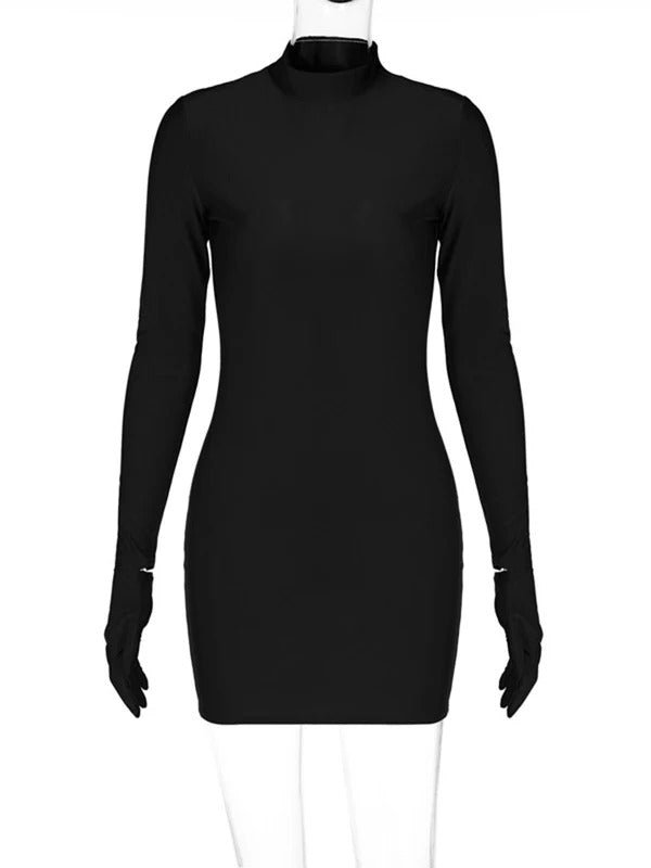 Solid Long Sleeve With Gloves Mini Dress Bodycon Sexy Streetwear Party Half Turtleneck Outfits Y2K Clothes Wholesale