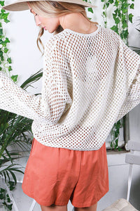 White Open Knit Buttoned Neck Split Sleeve Sweater