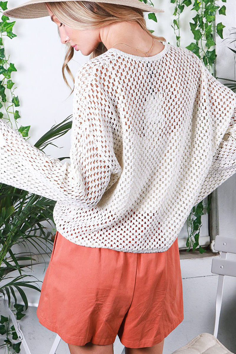 White Open Knit Buttoned Neck Split Sleeve Sweater