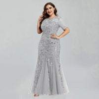 Women Plus Size Sequin Mesh Embroidery Mermaid  Evening Dress Formal Short Sleeve Elegant Party Prom Gowns 2020 New Long Dress