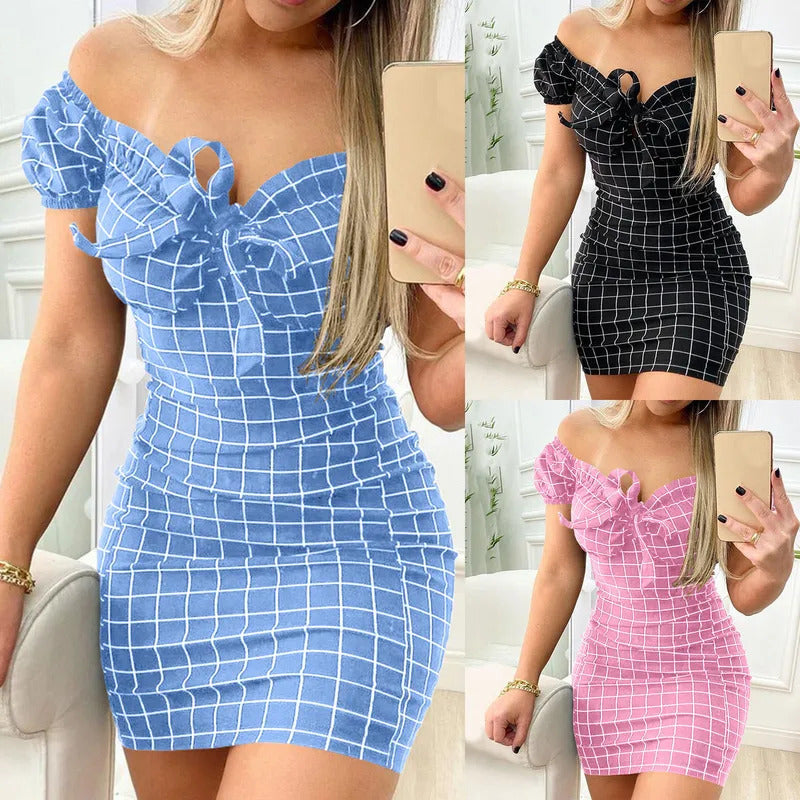 Fashion Retro Plaid Printed Dress Sexy Slim Package Hip Mini Dress Ladies Summer Casual Loose Off Shoulder Short Sleeve Dresses