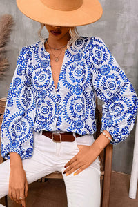 Sky Blue Vintage Geometric Printed Puff Sleeve Slit V Neck Shirt