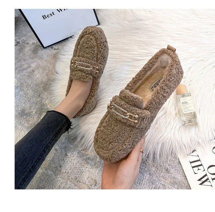 Luxury Sheep Fur Lined Loafers Women Lambswool Shoes Ladies Winter Slip On Furry Flats Cotton Wool Mocasine Femme Barefoot Boots