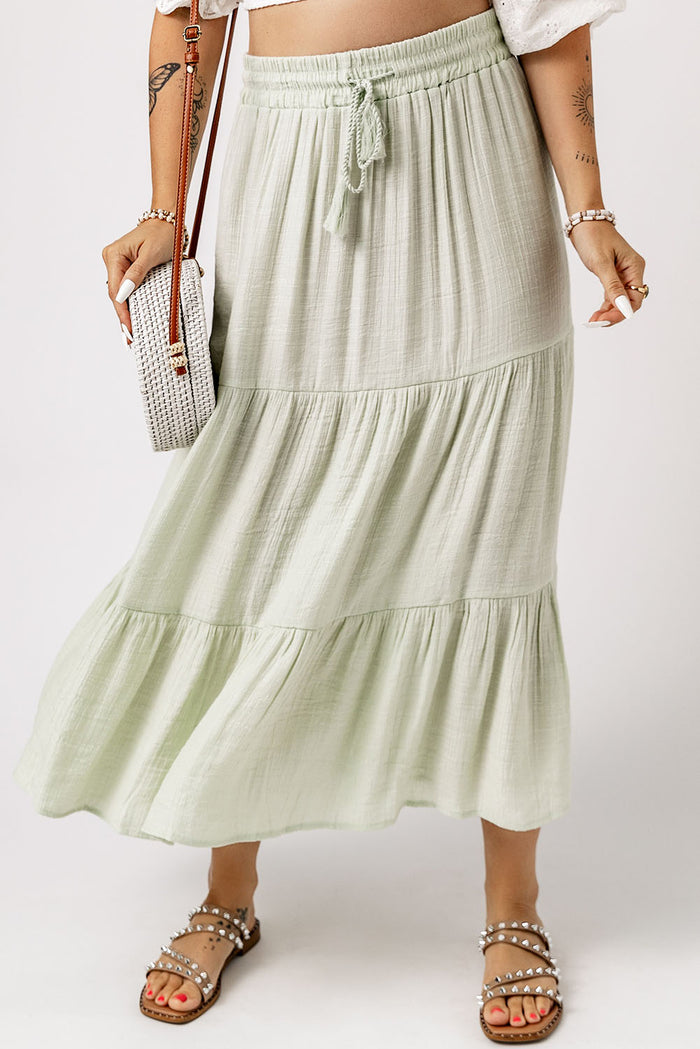 Green Drawstring High Waist Tiered Long Skirt