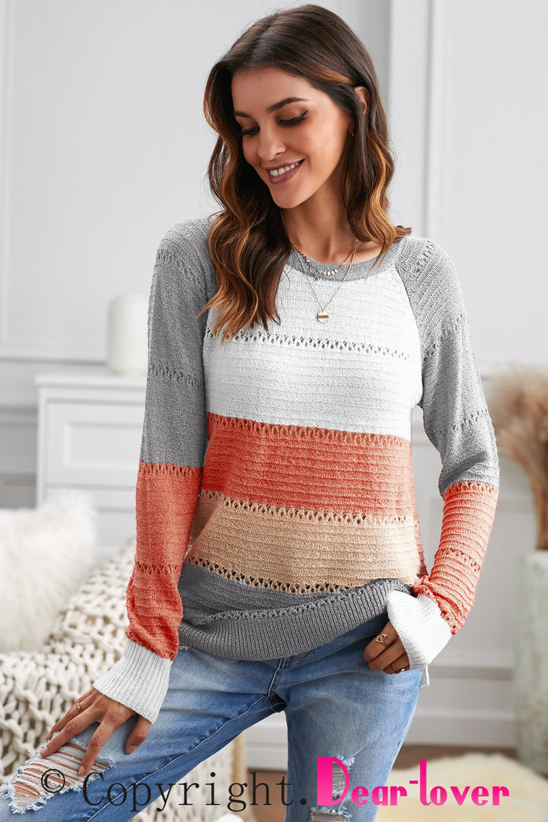 Wine Accent Knitted Color Block Long Sleeve Crew Neck Sweater