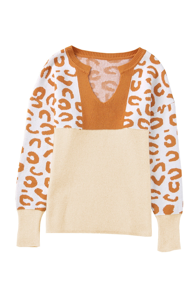 Orange Colorblock Leopard V Neck Sweater