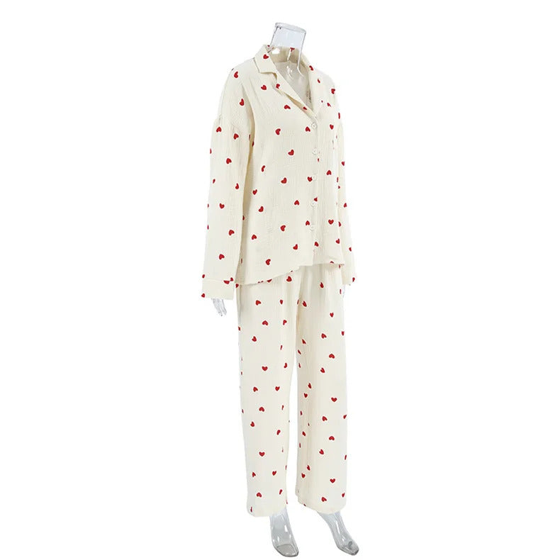 Summer New Love Heart Print Pyjama 100% Cotton Long Sleeve Set 2Pcs Outfit Lapel Sleepwear Button Down Women's Pajamas Nightwear