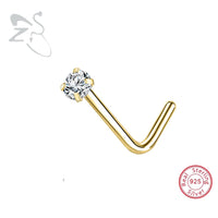 ZS 1PC 18/20G 925 Sterling Silver Nose Stud Gold Color Crystal Nose Piercings Screw L-Shape Retainer Nostril Piercing 2-3.5mm