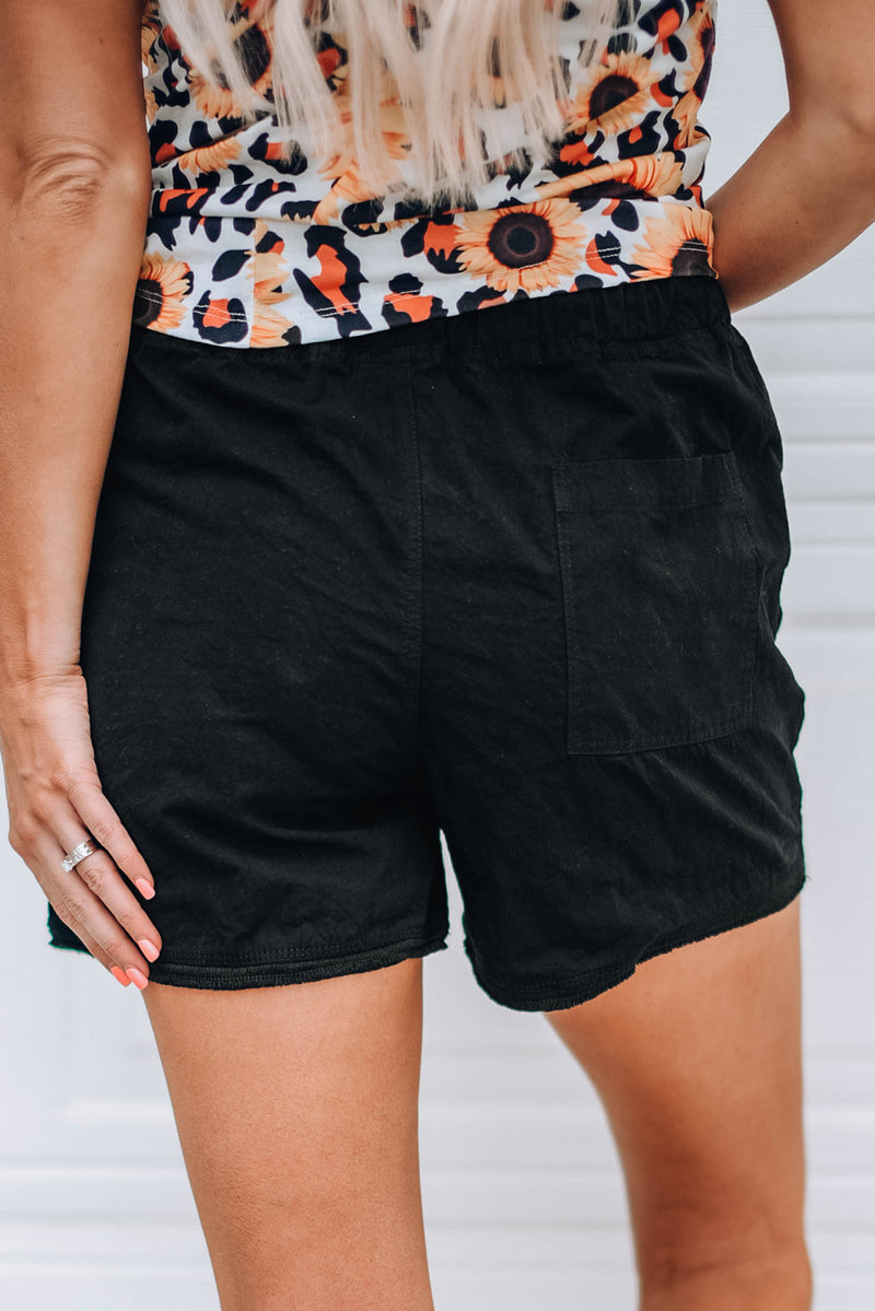 Black Raw Hem Pocketed Drawstring Casual Shorts