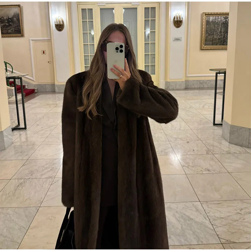 Dark Brown Faux Fur Long Overcoat For Women Fashion Lapel Single Breasted Loose Fluffy Plush Warm Coat Winter Thicken Outerwear