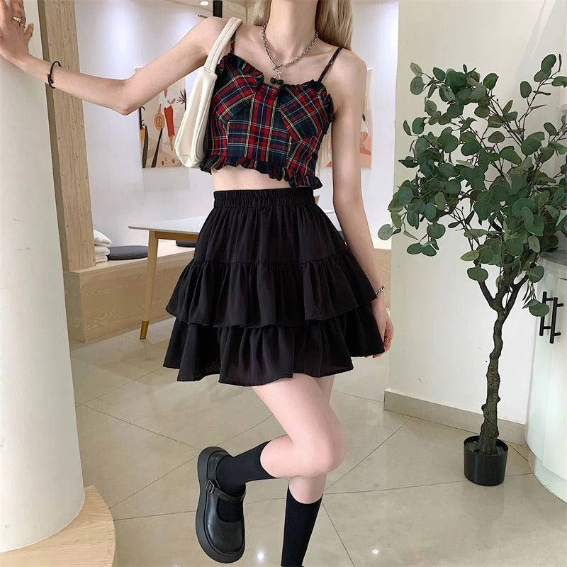 Pleated A-Line Skirt Women White Ruffle Sweet Tierred Pretty Style Skirt Elastic Waist Summer Slim Basic Korean Harajuku Dress