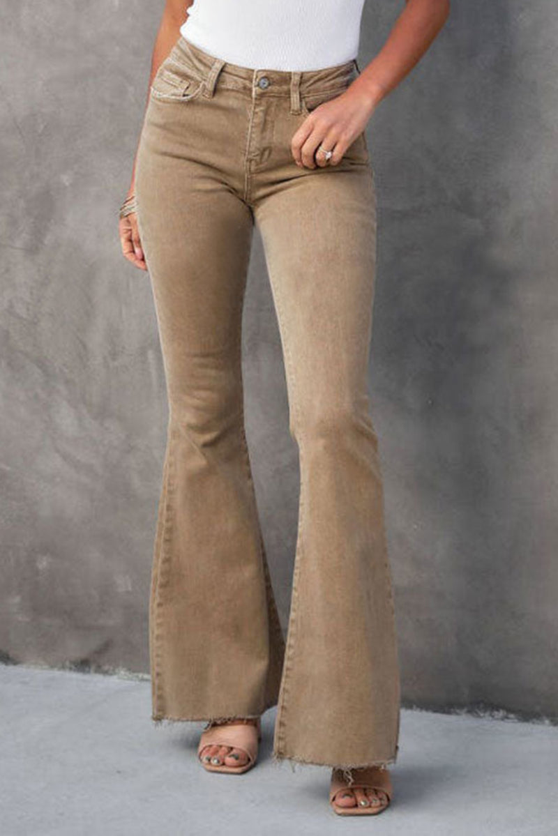 Khaki Raw Hem High Waist Flare Jeans