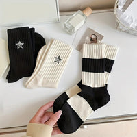 5 Pairs Women's Comfortable Patriotic Mid Calf Socks Cotton Blend, Breathable, Chic Knit Stripe/Star Pattern