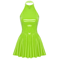 Womens Latex Swing Skirt Disco Dress Glossy Patent Leather Clubwear Halter Sleeveless Skater Mini Dress Rave Party Clubwear