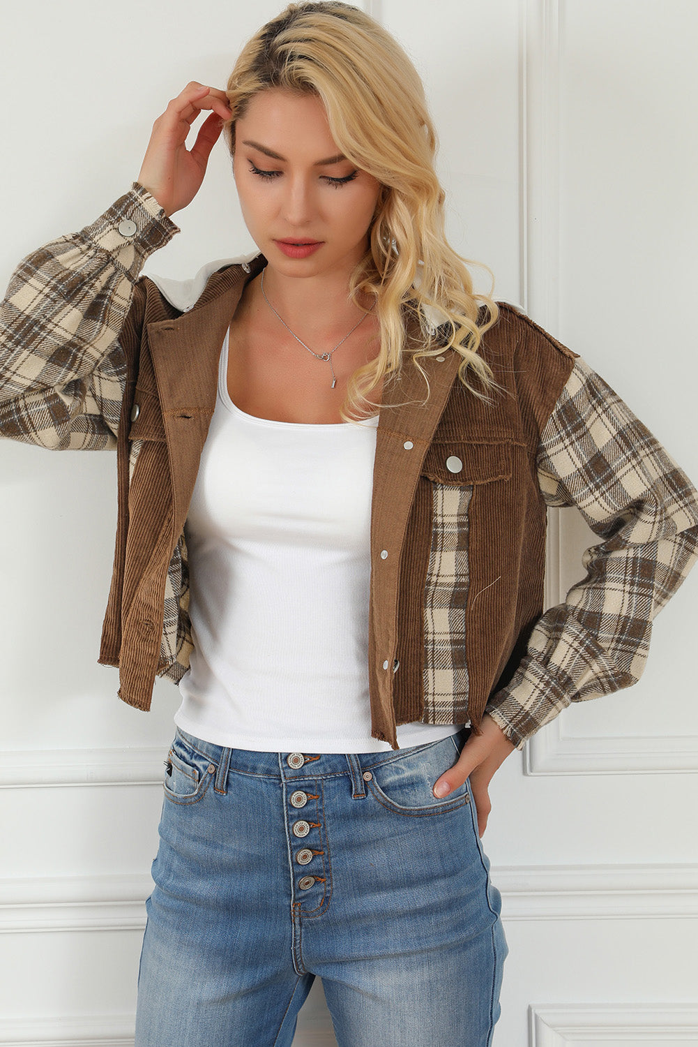 Brown Plaid Patchwork Distressed Hooded Cropped Jacket