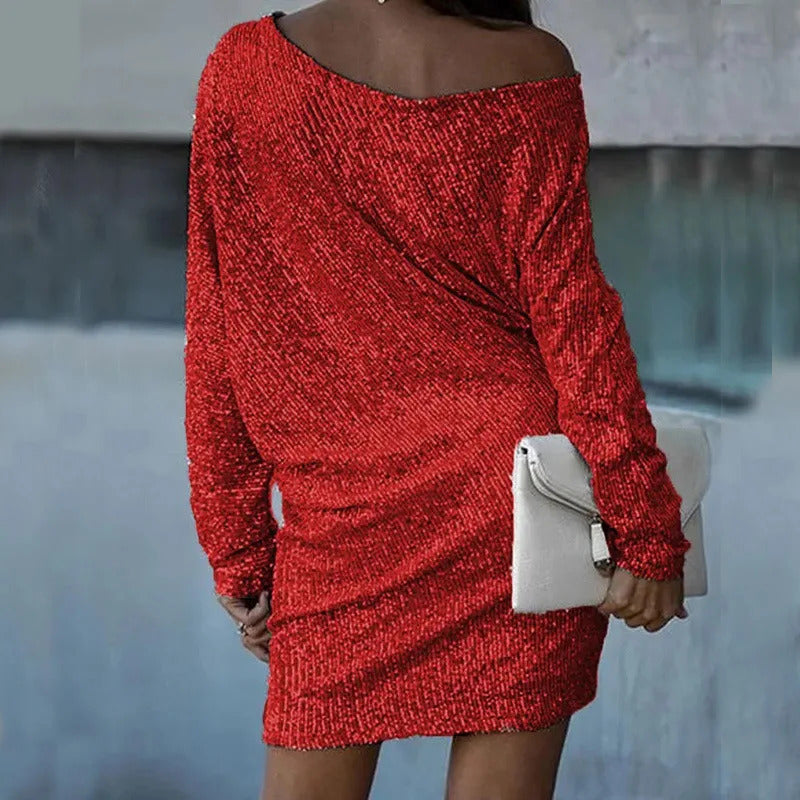 Autumn Fashion Club Party Irregular Dress New Women Casual Solid Long Sleeved Dress Sexy Slanted Collar Shiny Sequin Mini Dress