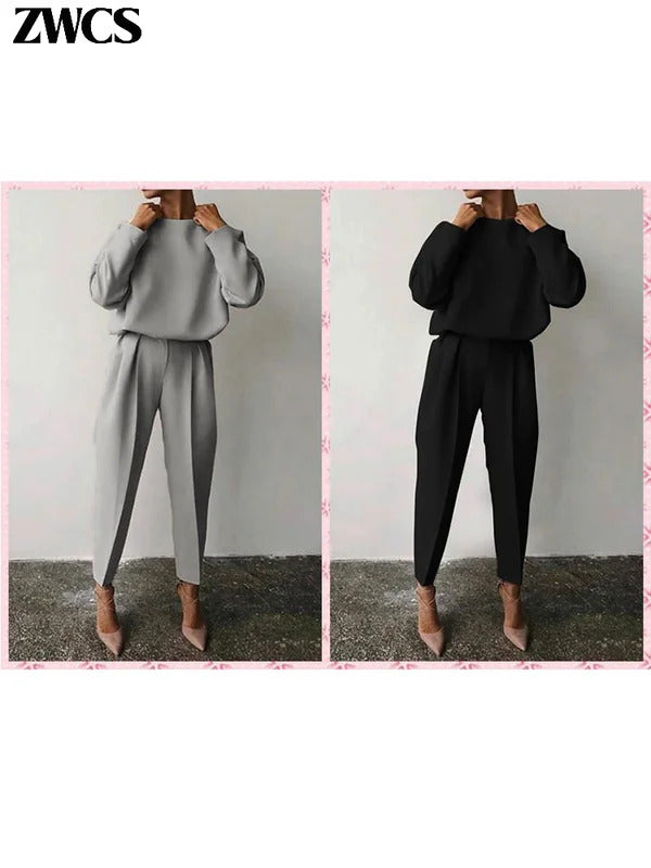 Loose Solid Top Pants Set Women Casual O-neck Full Sleeve Pullover Pleated Long Trousers 2025 New Female Chic 2 Piece Outfits