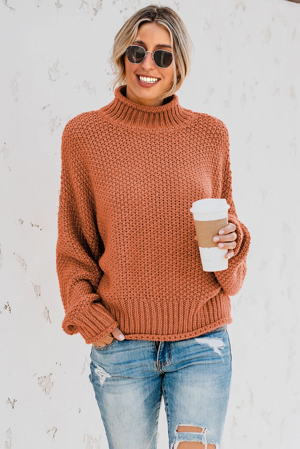 Orange Oversized Chunky Batwing Long Sleeve Turtleneck Sweater