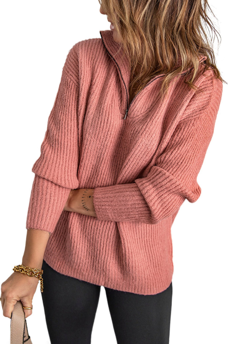 Pink Zip Neck Knitted Sweater