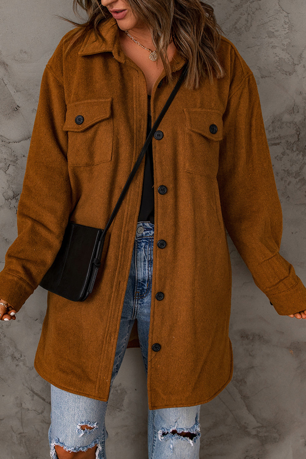 Brown Long Sleeve Pockets Buttoned Shirt Jacket