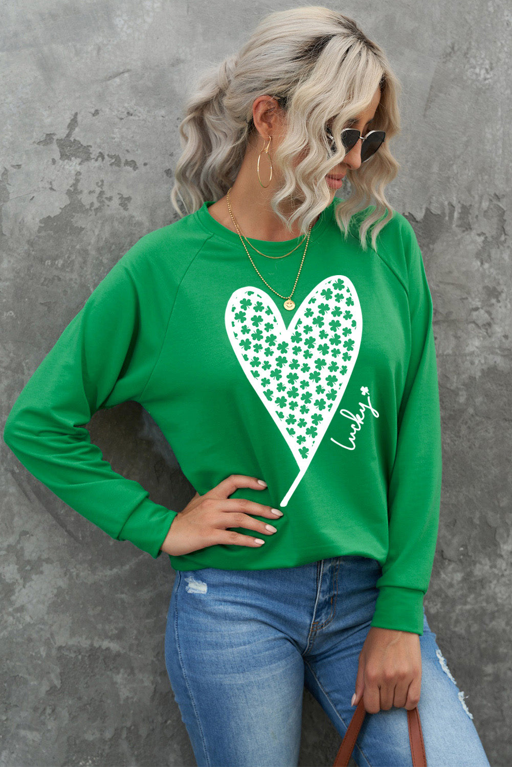 Green Lucky Clover Heart Graphic Raglan Sleeve Sweatshirt